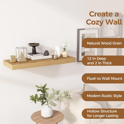 Floating Shelves 30 Inch Long, 12 Inch Deep Floating Shelf for Books, Rustic Wood 30 x 12 Storage Shelves for Wall Storage & Display, Thicked Wall Shelf for Kitchen, Living Room, Oak Color, 1 Pack