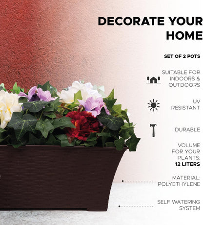 Elly Décor Set of 2 24x8 Rectangular Modern, Resistant and Self Watering Planter with Rattan-Like Finish, 24", Chocolate Brown