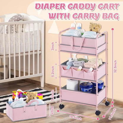 Honeydak 2in1 Baby Diaper Caddy Organizer Cart 3 Tier Large Capacity Metal Utility Bedside Rolling Cart with Divider for Newborn Nursery Essential Must Have for Crib Bedroom Baby Shower(Pink)