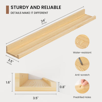 Picture Ledge Shelf, Solid Pine Wood Floating Shelves Set of 2, 24 Inches Nursery Book Shelves for Toys Storage, Kids Bookshelf Wall Mounted for Living Room Decor Photo Frames, Unfinished Natural
