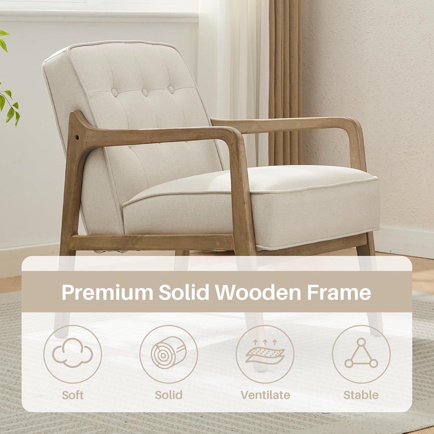 Linen Accent Chair Set of 2, Mid Century Modern Chair for Living Room, Upholstered Comfy Lounge Armchair with Solid Wood Frame, Reading Side Chair for Bedroom,105°Ergonomic Comfort, White