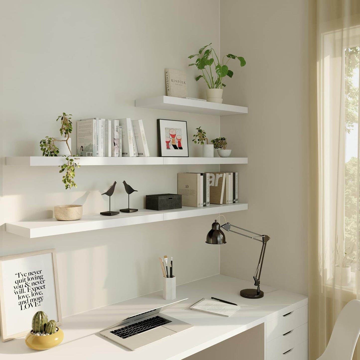 Large Floating Shelves for Wall Set of 3 Wooden Wall Shelves 24 in x 12.75 in x 2 in Room Decor Long Shelf with Invisible Wall Mount Bracket for Bedroom Kitchen Living Room White