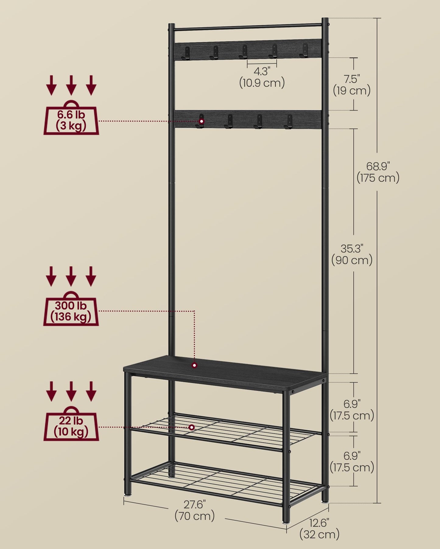 VASAGLE Coat Rack, Hall Tree with Shoe Storage Bench, Entryway Bench with Shoe Storage, 3-in-1