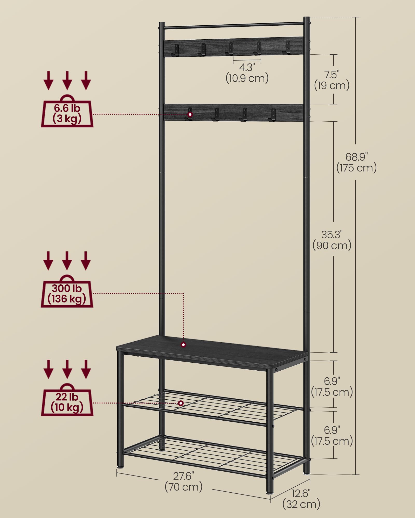 VASAGLE Coat Rack, Hall Tree with Shoe Storage Bench, Entryway Bench with Shoe Storage, 3-in-1