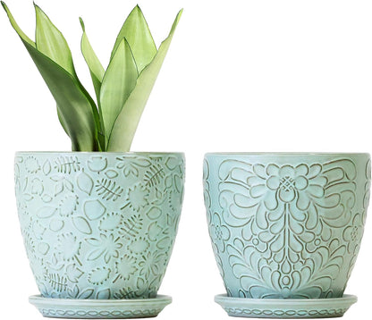 6 Inch Retro Ceramic Planter Set of 2 with Drainage Hole and Saucer for Plants, Indoor-Outdoor Garden Pots for Succulent, Orchid, and Flower (Fits Inner Pots Up to 5 Inches, Retro Green)