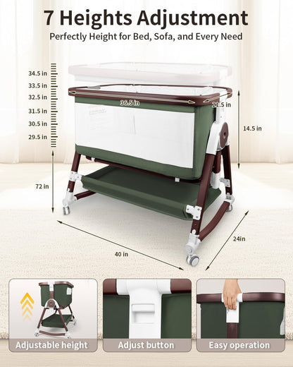 4 in 1 Baby Bassinet, Bassinets Bedside Sleeper with Wheels and Storage Basket, Adjustable 7 Heights Bedside Sleeper with Mosquito Net, Breathable Mesh Rocking Bassinet for Baby