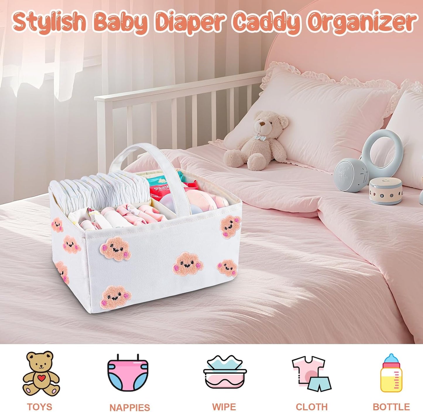 Baby Diaper Caddy Organizer with Handle - Durable Canvas Storage Basket with Cloud Embroidery, Portable Nursery Organizer for Newborn Essentials, Diaper Travel Bag, Baby Shower Basket-Pink