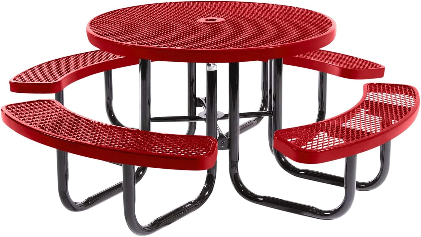Coated Outdoor Furniture Heavy-Duty Portable Outdoor Picnic Table with Umbrella Hole, Expanded Metal Commercial-Grade Patio Dining Furniture Made in America (46" Round Top, Textured Red)