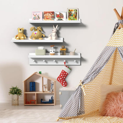 MBYD Picture Shelf Ledge, 24 Inch Floating Shelves for Wall, Nursery Book Shelves with Hooks Set of 3, Floating Shelf Wall Mounted for Bathroom,Kids Room, Living Room, Kitchen Bedroom White