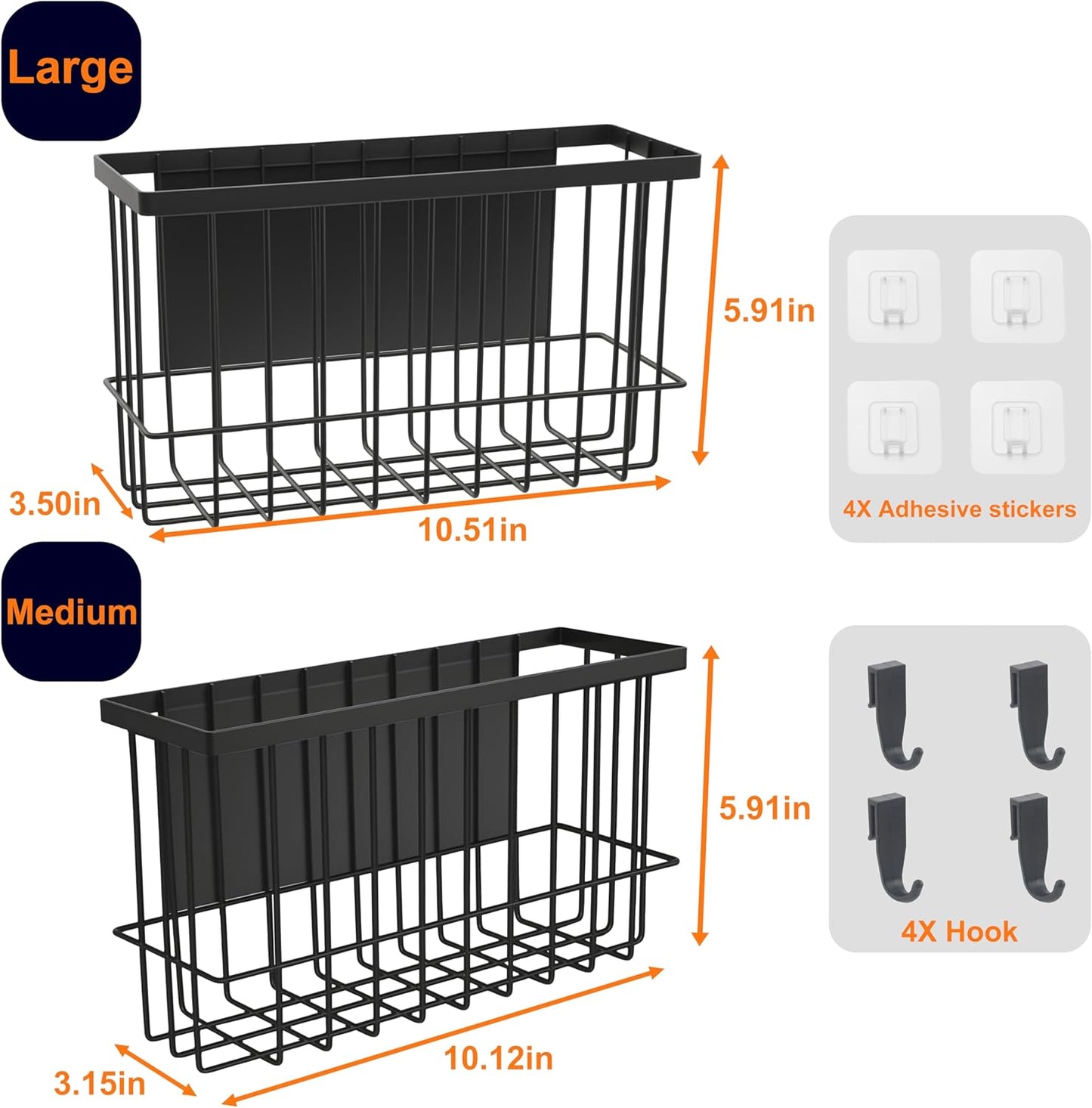 Magnetic Basket for Fridge, Magnetic Basket, Foil and Plastic Wrap Organizer with 4 Caddy Adhesive Stickers, Cabinet Storage Basket for Kitchen Wrap Food Bag Storage, Black, 2 Pack