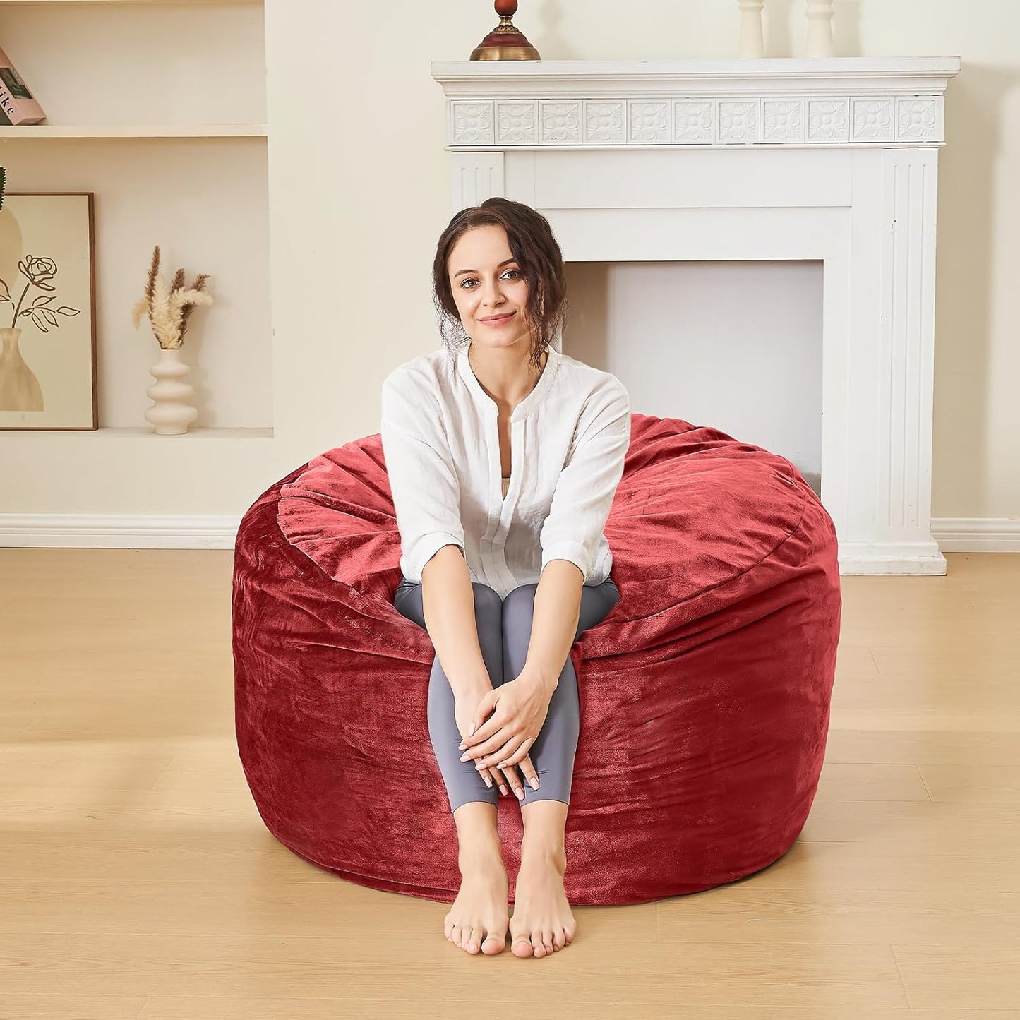 Bean Bag Chairs for Adults - Memory Foam Furniture BeanBag Chair - Kids/Teens Sofa with Soft Micro Fiber Cover - Round Fluffy Couch for Living Room Bedroom College Dorm - 3 ft, Red