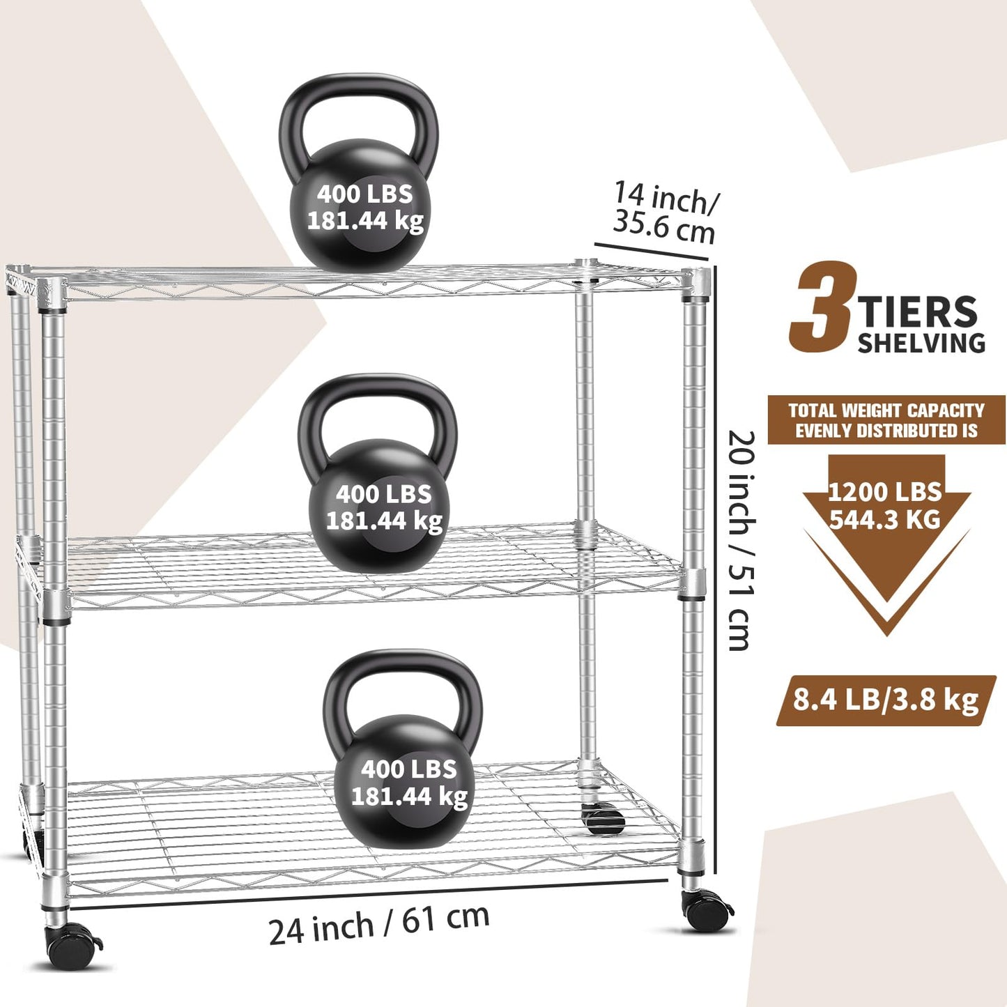 Whitmor 3 Tier Storage Shelving, Heavy Duty with Wheels, Adjustable Steel Organizer, 400 lbs