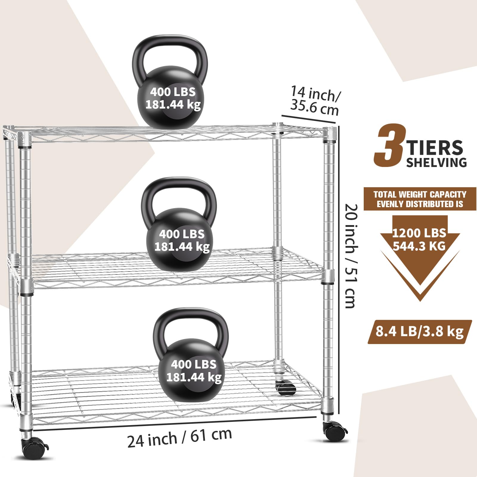 Whitmor 3 Tier Storage Shelving, Heavy Duty with Wheels, Adjustable Steel Organizer, 400 lbs