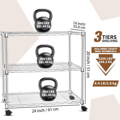 Whitmor 3 Tier Storage Shelving, Heavy Duty with Wheels, Adjustable Steel Organizer, 400 lbs