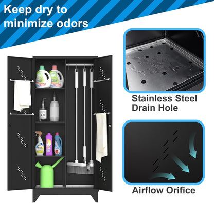 71" Broom Closet Cabinet with Hanging Rod, Tall Black Metal Storage Cabinet for Bathroom, Utility Room, and Garage