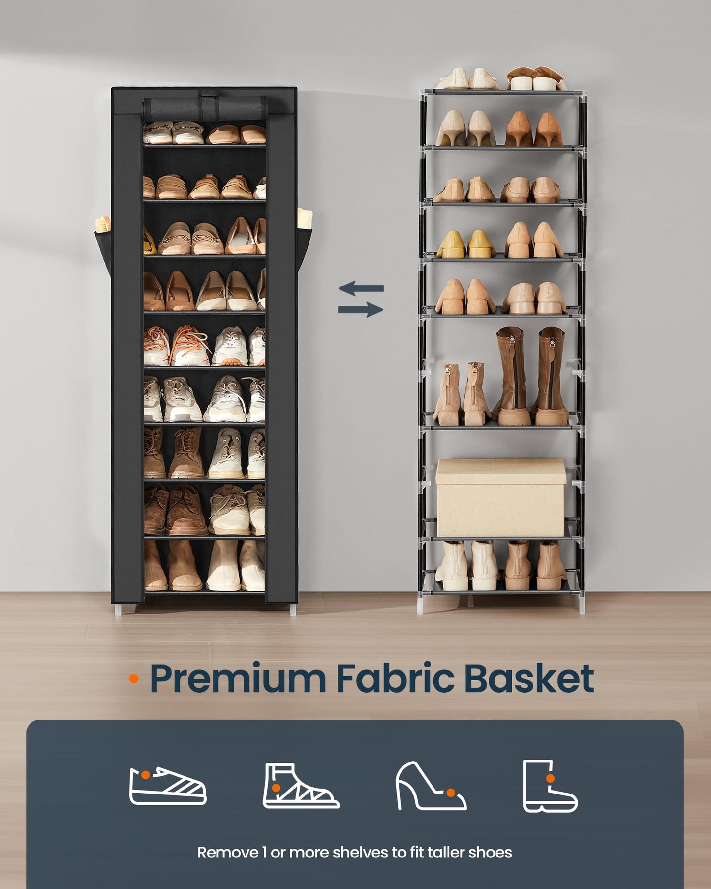 SONGMICS Home Shoe Rack 10-Tier, Tall Narrow Metal Shoe Organizer with Dust Cover, 11.2 x 19.1 x