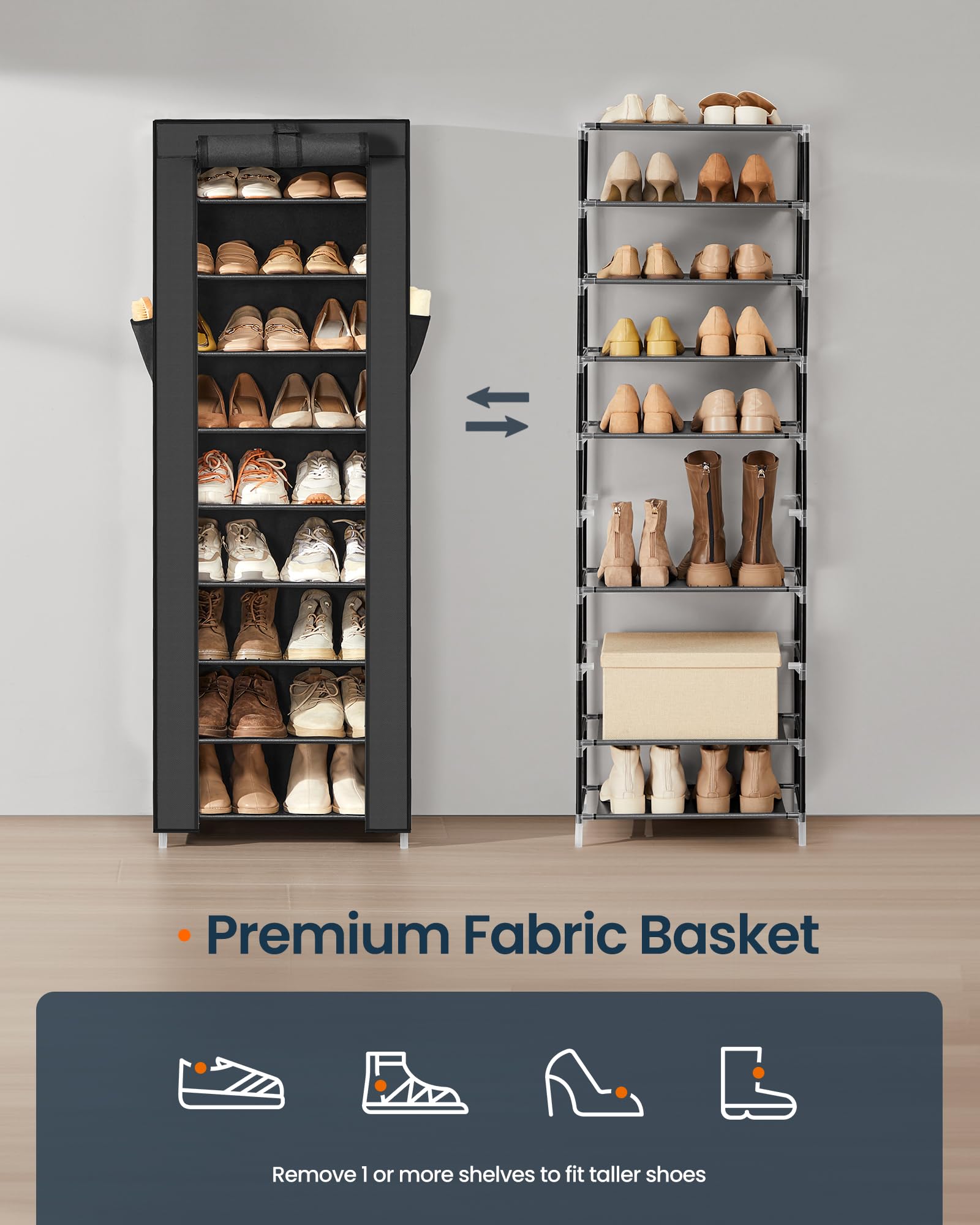 SONGMICS Home Shoe Rack 10-Tier, Tall Narrow Metal Shoe Organizer with Dust Cover, 11.2 x 19.1 x