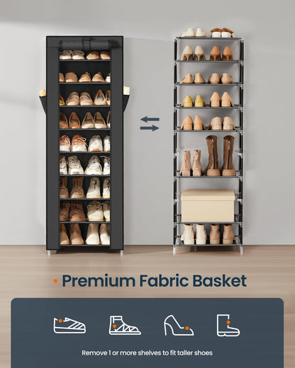 SONGMICS Home Shoe Rack 10-Tier, Tall Narrow Metal Shoe Organizer with Dust Cover, 11.2 x 19.1 x