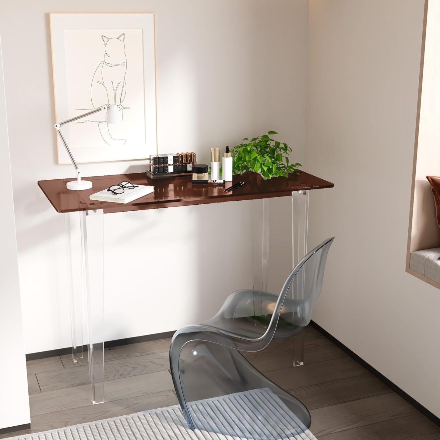 Acrylic Desk, Modern Study Table for Home Office - Extended Surface Multi-Purpose Console & Entryway Table, Sturdy Lightweight Design (42.5-inch, Yellowtea)