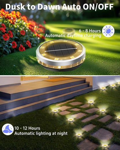 Solar Ground Lights Outdoor 18 Pack Waterproof, Upgraded Solar Garden Lights with 4 Side Light, Stainless Steel Solar Powered Disc Landscape Light for Walkway Lawn Yard Patio Deck-Warm White