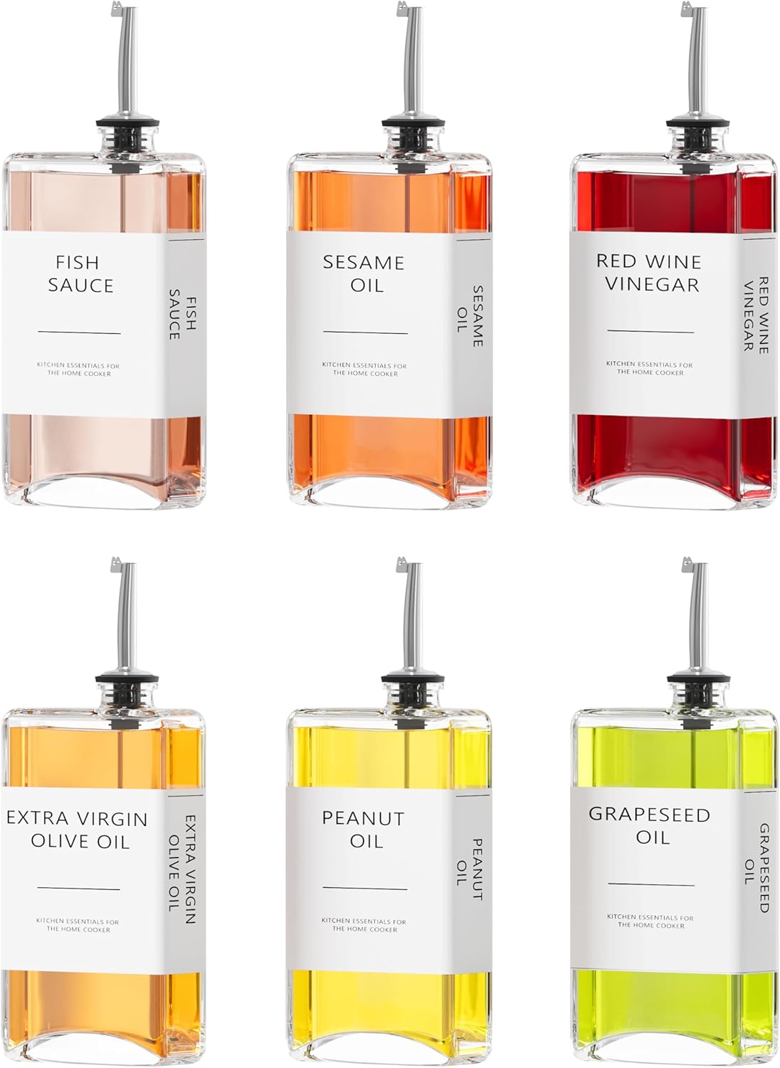 New England Stories Kitchen Cooking Oil Dispenser Set, Olive Oil and Vinegar Bottles, Soy Sauce Dispenser - 6 Pieces, Silver, Durable & Stylish Design