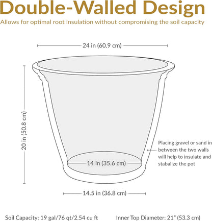 Sunnydaze 24-Inch Anjelica Large Plastic Pot for Plants - Outdoor Polyresin Round Planter with Drillable Drainage Holes - Slate - 2pk