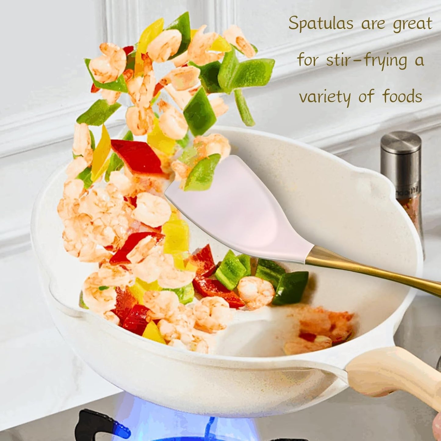 Heat-Resistant Silicone Kitchen Spatula Set – Non-Toxic Cooking Utensils with Solid & Slotted Designs –Food Grade Silicone and Stainless Steel Handles –Ideal for Nonstick Cookware, Gold