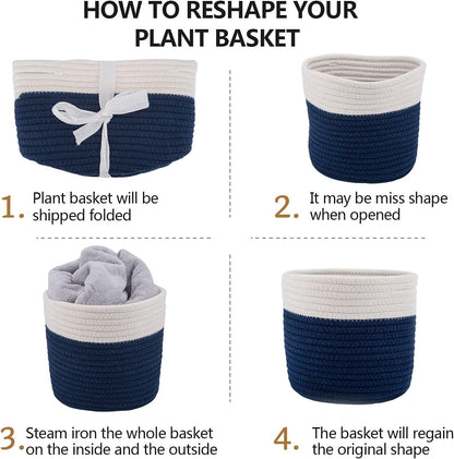 Cotton Rope Plant Basket Woven Baskets for 6" Pot Floor Indoor Planters,Rustic Home Decor H6 3/4" x W6 1/2" White Stitching Navy Blue