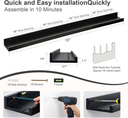 Floating Picture Ledge Shelves 72 Inch Solid Oak Wood Set of 2, Rustic Wall Storage Shelves with Lip, Kids Bookshelf, Photo & Picture Ledge Shelves for Bedroom, Living Room, Kitchen