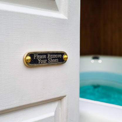 Please Remove Your Shoes Brass Door Sign. Traditional Style Home Décor Wall Plaque Handmade By The Metal Foundry UK.