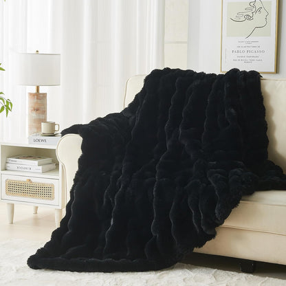 Lotus Karen Faux Fur Blanket - Black Twin Size, Big Bubble Rabbit Fluff, 60x80 Inches