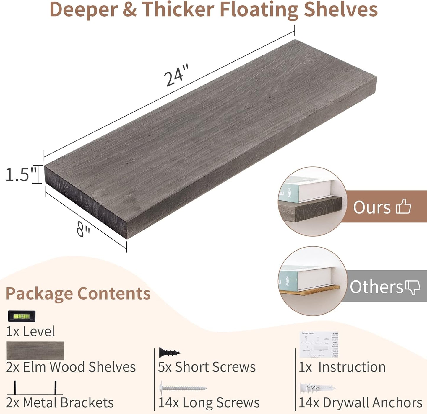 Axeman Floating Shelves for Wall, 24''W x 8'' D Rustic Solid Elm Wood Shelves for Storage, Wall Mounted Display Shelving with Invisible Heavy-Duty Metal Bracket (Grey, 2PCs)