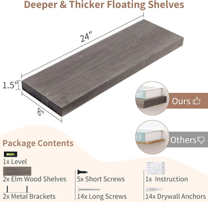 Axeman Floating Shelves for Wall, 24''W x 8'' D Rustic Solid Elm Wood Shelves for Storage, Wall Mounted Display Shelving with Invisible Heavy-Duty Metal Bracket (Grey, 2PCs)
