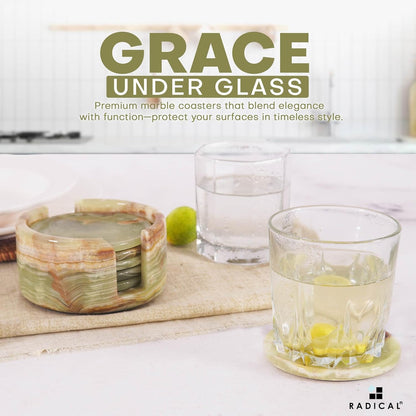 Marble Coasters Set of 6 Green Onyx 3.5 Inch Round Coaster for Drinks with Holder, Drink Coaster for Tabletop & Coffee Table Decor, Ideal Home Decor House Warming Gifts