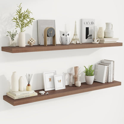 Fun Memories 55 Inch Fireplace Mantel Shelf -Long Floating Shelves, Deep Wall Mounted Farmhouse Display Shelves with Invisible Heavy Duty Metal Bracket, Walnut, 2 Pack