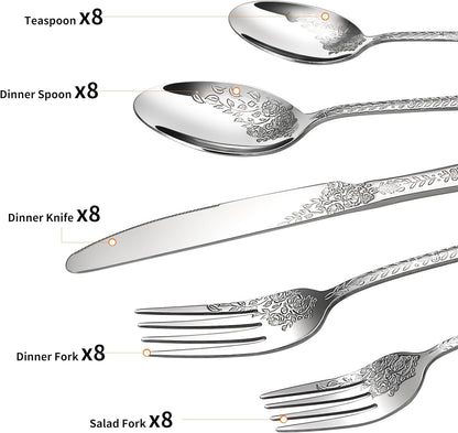 Floral 40 Pcs Silverware Set for 8, Food Grade Stainless Steel Flatware Set with Rose Flower Embossed Design, Eating Utensils Sets Include Fork/Knife/Spoon, Reusable Cutlery Set, Dishwasher Safe