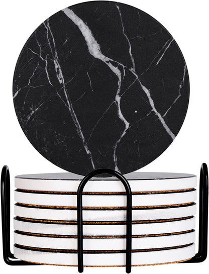 Drink Coasters with Holder Absorbent Ceramic Coasters Set of 6 Black Marble Style, 4 Inches Suitable for Kinds of Cups and Outdoor Picnic
