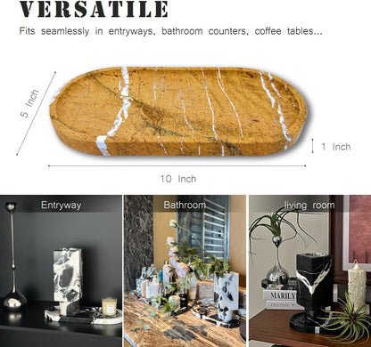 JINGJU Brown Rainforest Marble Oval Tray 10x5inches, Natural Stone Decorative Tray for Jewelry, Candle, Bathroom Counter, Coffee Table
