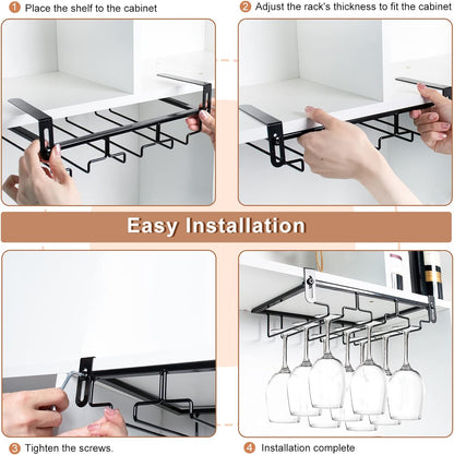 AUHOKY 2Pcs Adjustable Wine Glass Rack Under Cabinet, Punch-Free 3 Rows Stemware Metal Holder, Hanging Glass Storage Hanger Organizer for Shelf Kitchen Bar Decor (3 Rows, Black)