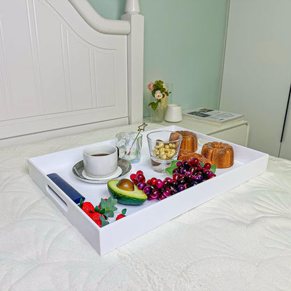 White Rectangular 14x20 Inches Acrylic Ottoman Tray Decorative Serving Tray with Cutout Handles Organizer Tray on Coffee Table Countertop Big Breakfast Bed Tray Living Room Appetizer Serving Food