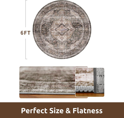 AMOAMI-6FT Round Rug-Rugs for Living Room-Vintage Soft Brick/Brown Rugs for Bedroom-Non Slip Circle Rug-Machine Washable Rug for Dining Room Living Room Bedroom Office Under Table
