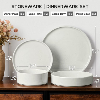 Stoneware Dinnerware Sets for 2, Onader Speckled Plates and Bowls, 8 Pieces Ceramic Dish Dinner Set with Pasta Bowl, Microwave & Dishwasher Safe - Cloud White