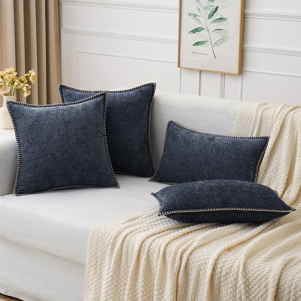 MIULEE Pack of 2 Couch Throw Pillow Covers 20x20 Inch Dark Blue Farmhouse Decorative Pillow Covers with Stitched Edge Soft Chenille Solid Dyed Spring Pillow Covers for Sofa Bed Living Room