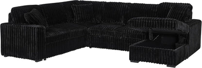 THSUPER 122-Inch Oversized U Shaped Plush Corduroy Fluffy Sectional Sleeper Sofa with Pull Out Bed, Storage Chaise Lounge and USB Charging Port - Black