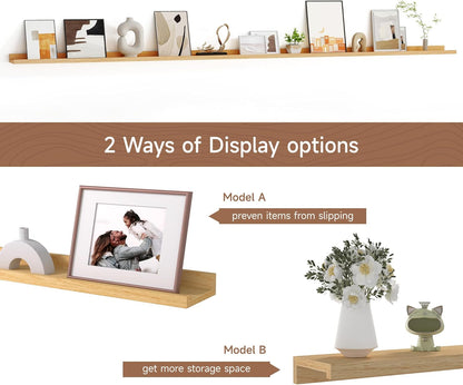 Floating Picture Ledge Shelves for Wall Set of 2, 95 Inches Picture Ledge Shelf with Long Large Nursery Book Shelf for Toys Storage Kids Bookshelf Wall Mounted Living Room Bedroom Decor Frames, Oak