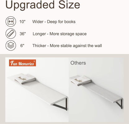 36"W x 10"D Floating Shelves, 10 Inch Deep White Floating Shelves, Farmhouse Rustic Deep Wall Shelves for Home Decor, Wide Large Floating Shelf for Bathroom, Living Room, Kitchen, Study Room
