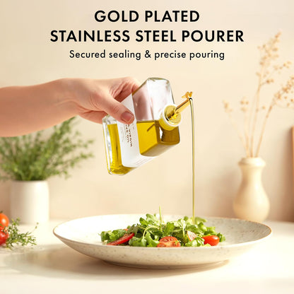 Glass Olive Oil Dispenser Bottle Set [4x12oz]: 36 Premium Gold Labels, Oil Dispenser for kitchen, Vinegar Bottle Set, Glass Dispensers for Soy Sauce, Syrup Bottles | Set of 4