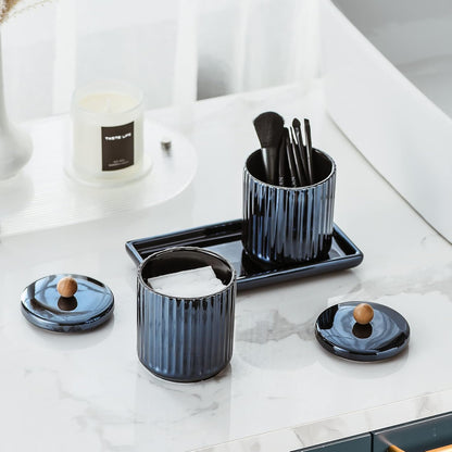 Qtip Holder Bathroom Set with Tray(3PCS) - 2 Piece 12 oz Blue Apothecary Jar Canister with Lid and 1 Pack Ceramic Vanity Tray