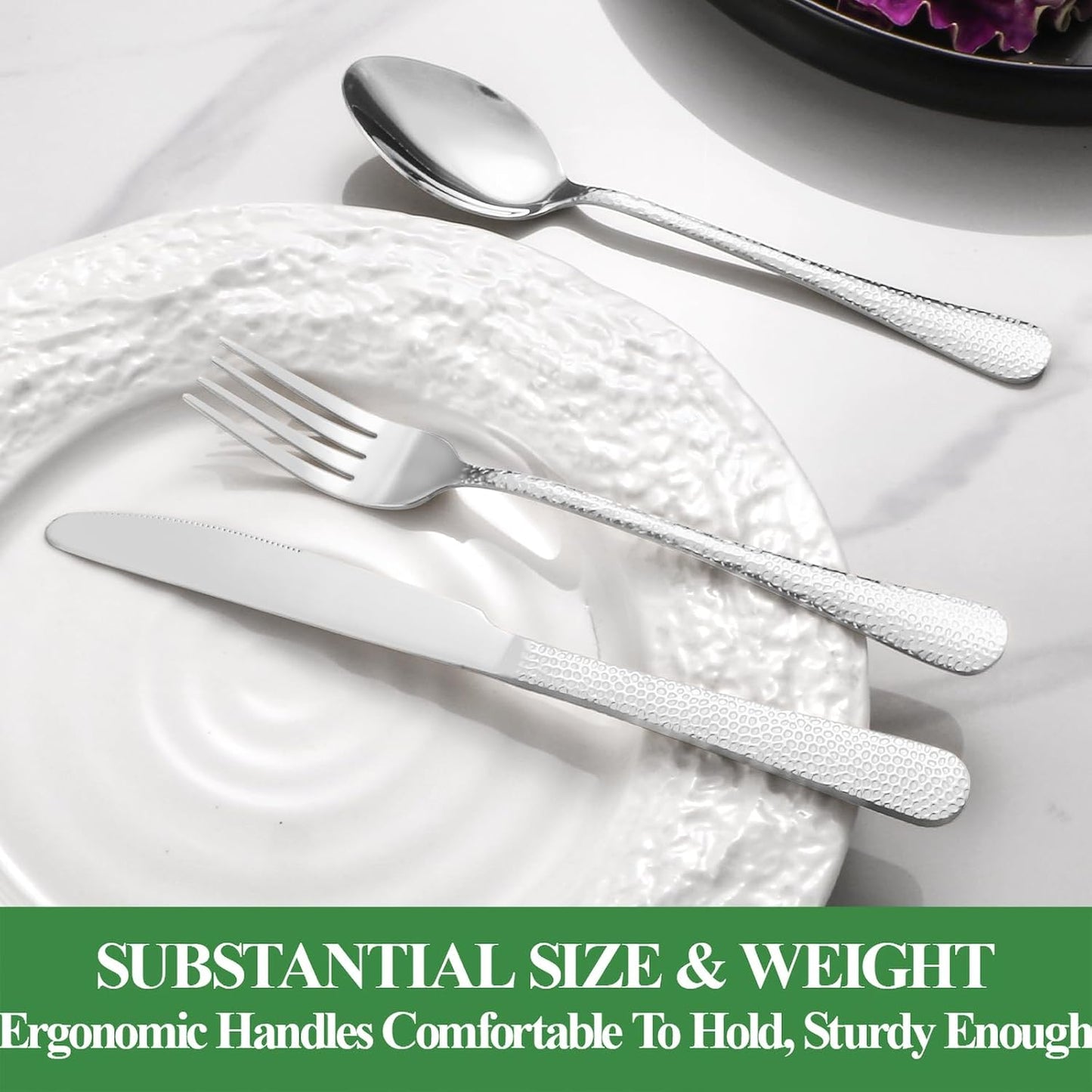 20 Pcs Silverware Set for 4 with Hammered Design, Food Grade Stainless Steel Flatware Set, Eating Utensils Sets Include Fork/Knife/Spoon, Reusable Cutlery Set, Dishwasher Safe