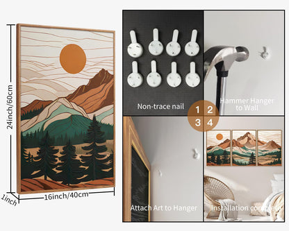 Tinonedraw Mountain Framed Canvas Wall Art Set of 3, Sunrise Forest Woodland Landscape Art Prints, Boho Coloful Ridge Scenery Wall Decor, Wood Pine Wilderness Art Paintings for Living Room Bedroom, Office 16"x24"